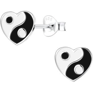 Joy|S - Zilveren hartje oorbellen - zwart wit - yin yang - 8 mm