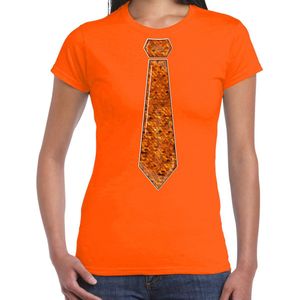 Bellatio Decorations Verkleed shirt dames - stropdas paillet oranje - oranje - carnaval - foute party S