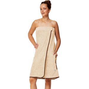 Saunakilt Dames, 100% biologisch katoen, saunahanddoek met klittenbandsluiting en elastiek, saunahanddoek knielang, 80 x 130 cm, zand/bruin