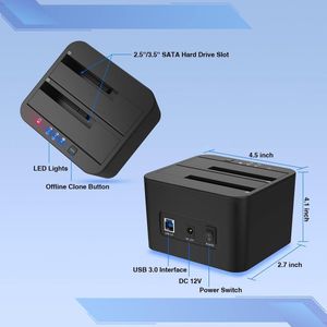 Harde Schijf Docking Station, USB 3.0 naar SATA Externe Harde Schijf Docking Station voor 2,5 en 3,5 inch SATA HDD of SSD, ondersteuning voor offline kloon, TF- en SD-kaartlezer