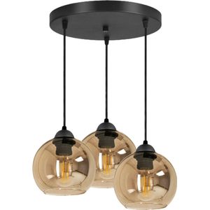 Hanglamp Industrieel voor Woonkamer, Eetkamer - Verstelbaar max. 70cm - 3-Lichts - E27 tot 60 W - Amber Glas