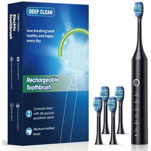 Zwarte Elektrische Tandenborstel – 6 Vibratiestanden, 4 Opzetborstels, USB‑Oplaadbaar met Timer