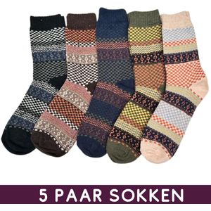 Warme Winter Sokken met Wol - Set van 5 paar met Vintage patroon - Noorse Sokken Dames/Heren maat 38-42