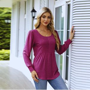 ASTRADAVI Casual Chic - Ronde Hals Dames Blouse - Stijlvolle Top met Geplooide Halslijn - Roze Fuchsia / Small