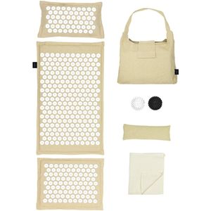 LifeGoods Acupressuur Mat Eco - 72x43x2cm - Spijkermat met Kussen / Draagtas / 2x Triggerpoint Bal - Accupunctuur mat - Spijkerbed - Beige/Wit