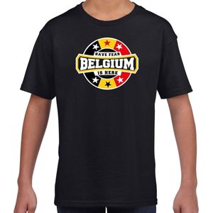Have fear Belgium is here t-shirt met sterren embleem in de kleuren van de Belgische vlag - zwart - kids - Belgie supporter / Belgisch elftal fan shirt / EK / WK / kleding 146/152
