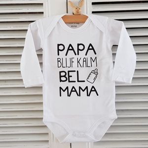 Baby Romper met tekst bedrukking opdruk papa blijf kalm bel mama | lange mouw | zwart wit | maat 74/80 | I love vaderdag cadeau