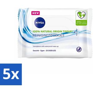5 x NIVEA - Reinigingsdoekjes - Verfrissend - Verwijdert Waterbestendige Make-up - 25 Doekjes - Normale Huid - Gemengde Huid - Natuurlijke Ingrediënten - Duurzaam - Waterloos
