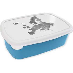 Broodtrommel Blauw - Lunchbox - Brooddoos - Europakaart in grijze waterverf - zwart wit - 18x12x6 cm - Kinderen - Jongen