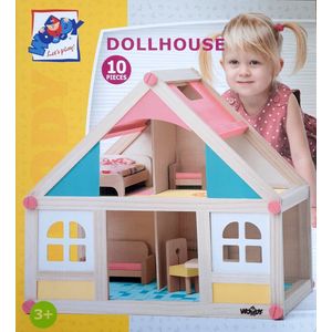 Woody Toys poppenhuis met poppen en meubeltjes 91328