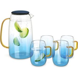 Navaris waterkaraf met 4 glazen – Glazen karaf met deksel - Voor koude en warme dranken - Waterkaraf set inclusief 4 glazen - 1,5 liter - Blauw