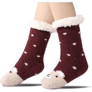 Vloer sokken - Warme Wintersokken - Sokken voor Binnen - Pantoffels voor bij de open haard - Warme Antislip Huissokken Volwassenen - Antislip Slippersokken voor- Dikke Pluche Sokken - Tapijtsokken - Thuis Sokken-De bruine beer- mevrouw.