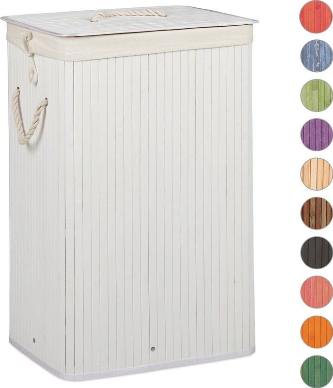 Relaxdays wasmand bamboe - 83 l - XL - rechthoekig - met deksel - opvouwbaar - wit