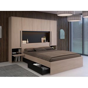 Vente-unique Bed met opbergruimte 160 x 200 cm - Met LED's - Kleur: naturel en zwart - VELONA L 265.2 cm x H 202.8 cm x D 243 cm