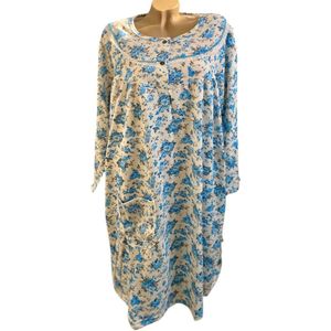 Dames flanel nachthemd middellang met bloemetjes L wit/blauw