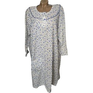 Dames flanel nachthemd middellang met bloemetjes L wit/blauw