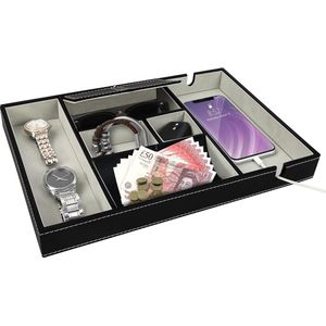 Zwart Faux Lederen Valet Dressoir - Organizer Tray voor Accessoires - 6 Compartimenten -