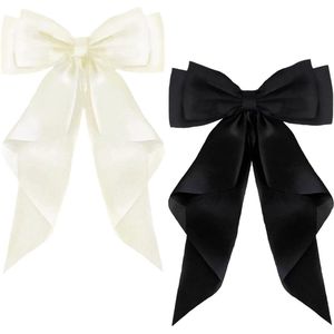 Grote haarclip - Grote strik haarclips met lange satijnen zijdezachte haarclips voor meisjes en vrouwen, zwart + melkwit (2 stuks)