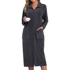 Unyqoos® Comfortabele lange fleece badjas voor dames met rits en zakken