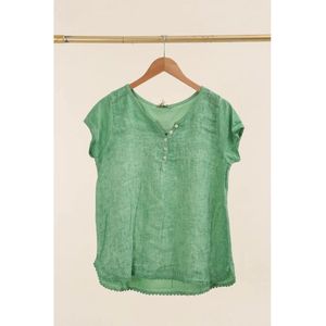 Luchtige linnen mix top - kapmouwen - katoenen kant - knoppen voor kant - GROEN - maat 40