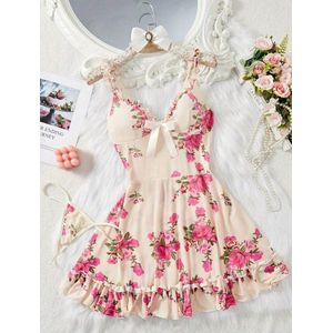 Lingerieset – 2-delig – Babydoll – Met Roze Bloemen – Maat S