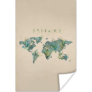 Poster Wereldkaart - Turquoise - Planten - 60x90 cm