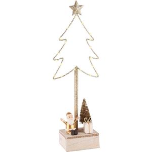 Kerstboom met kerstman / santa + LED verlichting - Wit / beige / goud - 14 x 7 x 39 cm hoog.