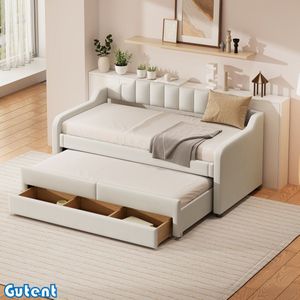 Gutent Slaapbank-90 x 200 cm (190 cm)-met Onderschuifbed-met Laden-Beige-Geen matras