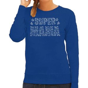 Glitter Super Mama sweater blauw met steentjes/ rhinestones voor dames - Moederdag cadeaus - Glitter kleding/ foute party outfit L