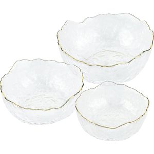 Serveerschalen met gouden randje - Schalenset in 3 maten - Ronde kommen voor salades, desserts, fruit en snacks - Schaaltjes van glas