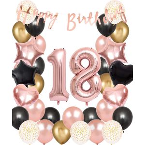 Snoes Ballonnen 18 Jaar Set Mega Rose Black Zwart Ballonen set - Compleet Feestpakket Cijferballon 18 Jaar - Verjaardag Versiering Slinger Happy Birthday – Folieballon – Latex Ballonnen - Helium Ballonnen