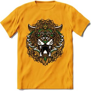 Tijger - Dieren Mandala T-Shirt | Groen | Grappig Verjaardag Zentangle Dierenkop Cadeau Shirt | Dames - Heren - Unisex | Wildlife Tshirt Kleding Kado | - Geel - XL