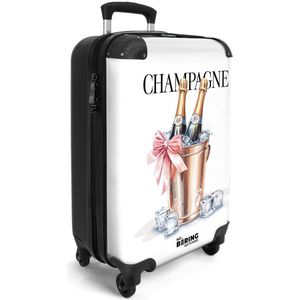 NoBoringSuitcases.com® - Handbagage koffer lichtgewicht - Reiskoffer trolley - Wit - Champagne illustratie - Reis rolkoffer met wieltjes - Cabin koffertje klein - Carryon valies - Harde bagagekoffer - Past binnen 55x40x20 en 55x35x25