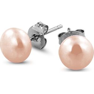 New Bling 9NB-0131 - Zilveren oorstekers - parel rond 7 mm - zilverkleurig / parelmoer roze