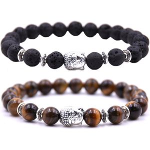 Kralen armband buddha / boedha bedel - Armband dames / heren / unisex - Natuursteen kralen bandje - Elastiek 19 cm - 8mm stenen - Armbandenset (2 stuks) - Vulkanisch zwart & tijgeroog