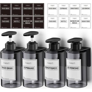 Set Van 4 Wandgemonteerde Zeepdispensers 300 ml met Labels Zonder Boren voor Keuken en Badkamer - Grijs