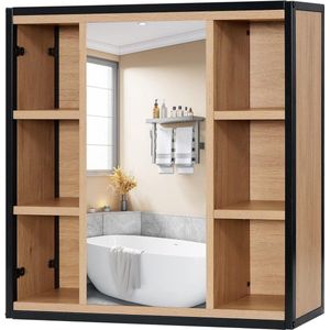 Spiegelkast voor badkamer, badkamerkast met spiegel, kast met badkamerspiegel, hangkast, badkamer, met verstelbare planken, van metaal en hout, 60 x 58 x 16 cm