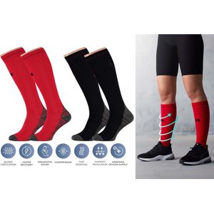 Comfort Essentials - Compressiekousen - Compressie Sokken - 2 Pack - Rood/Zwart - Maat 35-38 - Steunkousen - Skisokken