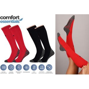 Comfort Essentials - Compressiekousen - Compressie Sokken - 2 Pack - Rood/Zwart - Maat 35-38 - Hardloopsokken - Steunkousen - Sportsokken - Skisokken
