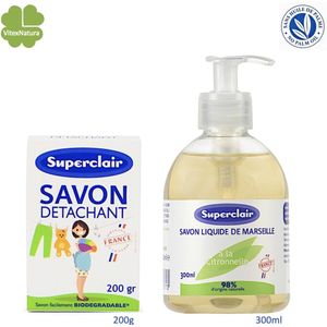 Zeep set | natrium bicarbonaat detachan vlekken zeep 200g | vloeibare Marseille zeep met essentiële citroenolie 300ml voor tuiniers | Superclair