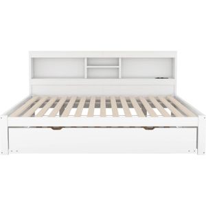 Gotagee Slaapbank, daybed, 140x200cm, sfeerverlichting met afstandsbediening, nachtkastje, uitschuifbaar bed, stopcontact + USB, zonder matras, wit