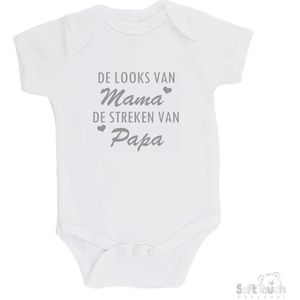 100% katoenen Romper ""De looks van mama, De streken van papa"" Jongens Katoen Wit/grijs Maat 62/68