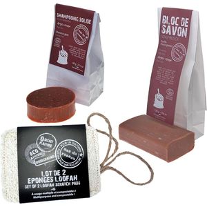 Natuurlijke huidverzorging geschenkset - Loofah spons (set van 2) + rode klei blok zeep 130gr + shampoobar 60gr voor vet haar - Giftset