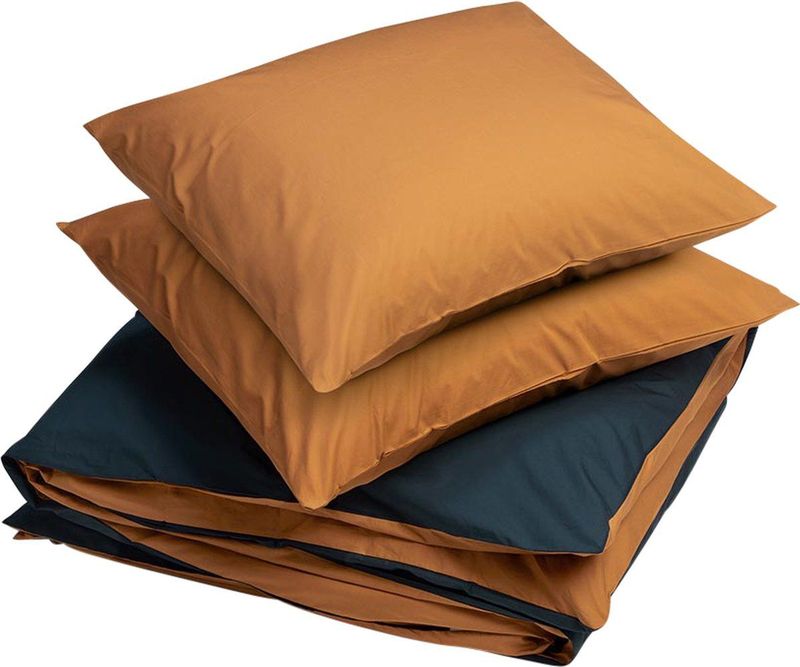 Yumeko overtrekset percal dubbelzijdig ochre/marineblauw 200x220 + 2/60x70 - Bio, eco & fairtrade