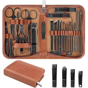 Nagelknipperset, 26-delige manicure- en pedicureset, roestvrijstalen manicure- en teennagelknipper, professionele nagelverzorgingstools met luxe reiskoffer, voor mannen en vrouwen, bruin