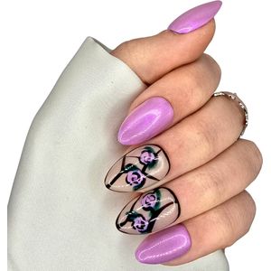 SD Press on Nails - Nagelset No. 46 Rose Colored Glasses - Handgemaakte Plakagels - Medium Almond - Roze en roosjes