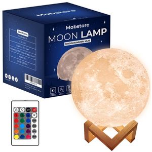 Maanlamp - Maan lamp - Maanlampje - Nachtlamp - 15 cm - 3D geprint - 16 kleuren - draadloos - Dimbaar - Met afstandsbediening - Verbeterd model - Grote batterij - Mobstore