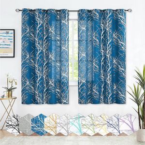 Curtains with Eyelets, Silver Foil, Blue Tree Branches, Printed Curtains, Linen Look Curtains, Short Semi-Transparent Curtains, Modern Eyelet Curtains for Living Room, Bedroom (Silver on