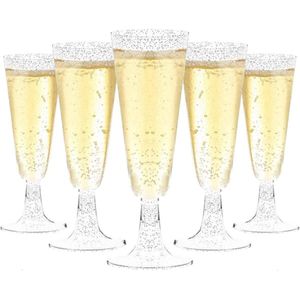 Zilveren glitter champagnefluiten - 50 stuks - 150 ml - Herbruikbare plastic champagnebril voor feesten - 55 x 165 cm