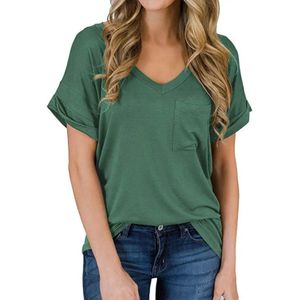 ASTRADAVI Casual Wear - Dames V-Hals T-Shirts met Borstzakje - Trendy Opgerolde Mouwen - Groen / Small